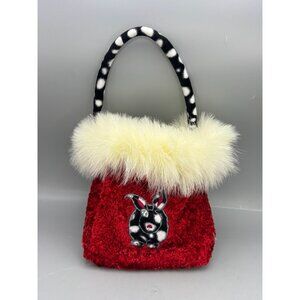 Cowbunnies Red Plush Bunny Handbag With Faux Fur Trim & Polka Dot Handle